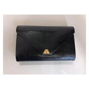 ALEXANDRE REZA Rare Vintage Black Lizard Clutch With Solid 18K Gold Logo